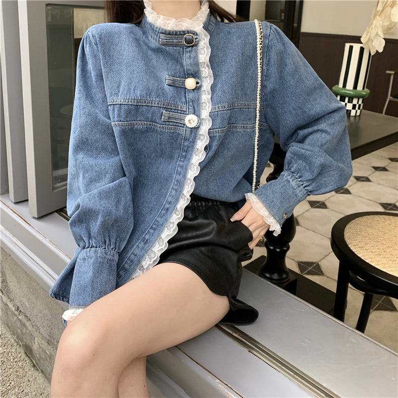 2025 Spring Lace Denim Shirt Women Fashion Patchwork Long Sleeve Blouse Female Loose Stand Collar Button Down Jean Shirts Woman