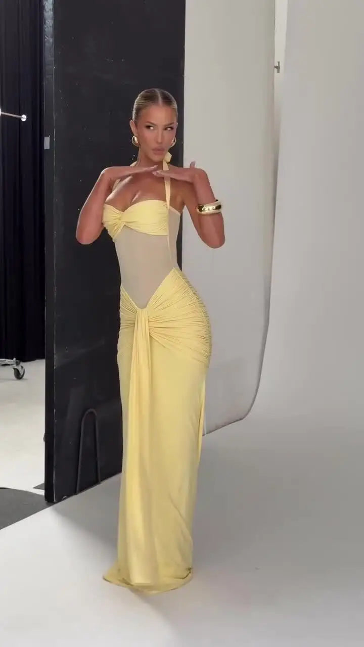Suninheart Draped Maxi Evening Dress Women Elegant Halter Prom Dresses Wine Formal Occasions Backless Dress Sexy