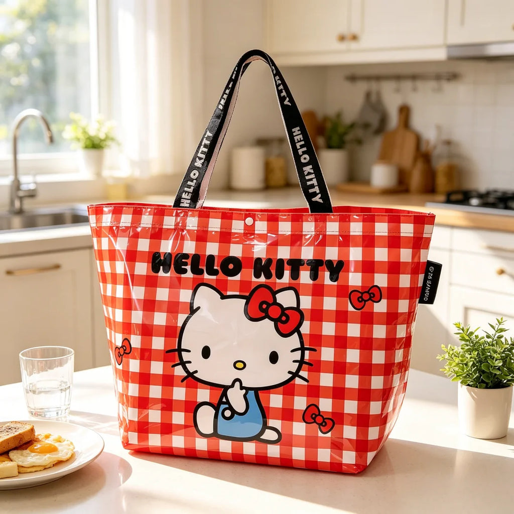 Leopard Print Hello Kitty Eco-Friendly Woven Large Capacity Storage Bag Officially Licensed Cartoon Plaid Waterproof Tote Bag Fo