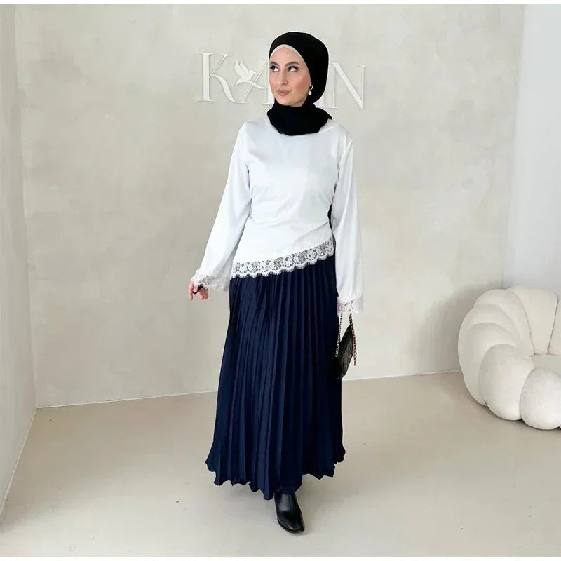 Elegant Satin Lace Patchwork Top Women Casual O-neck Loose Long Sleeves Strappy Female Shirt 2026 Spring Lady Fashion T-shirt