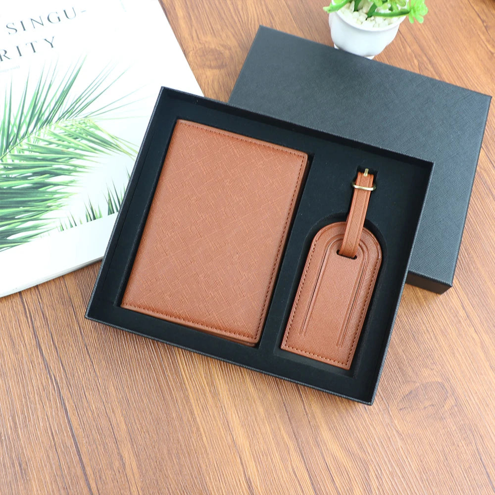 Customized Name Set, Unisex Safiano PU Leather Passport Holder and Luggage Tag Gift Box