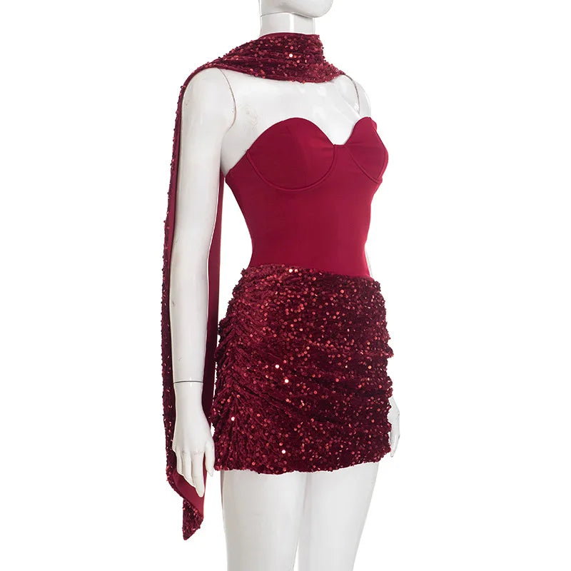 Chic Sequin Patchwork Strapless Mini Dress Women Scarf Collar Off-shoulder Waist Cinching Pleated Robe Lady Evening Party Gowns