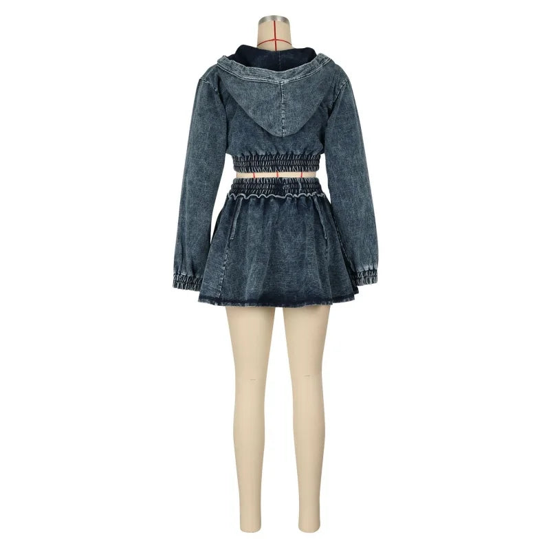 Streetwear Denim 2 Piece Sets Women Outfits Autumn Clothes Women Long Sleeve Hooded Crop Top Pleated Skirts Sets Jean Dress Sets