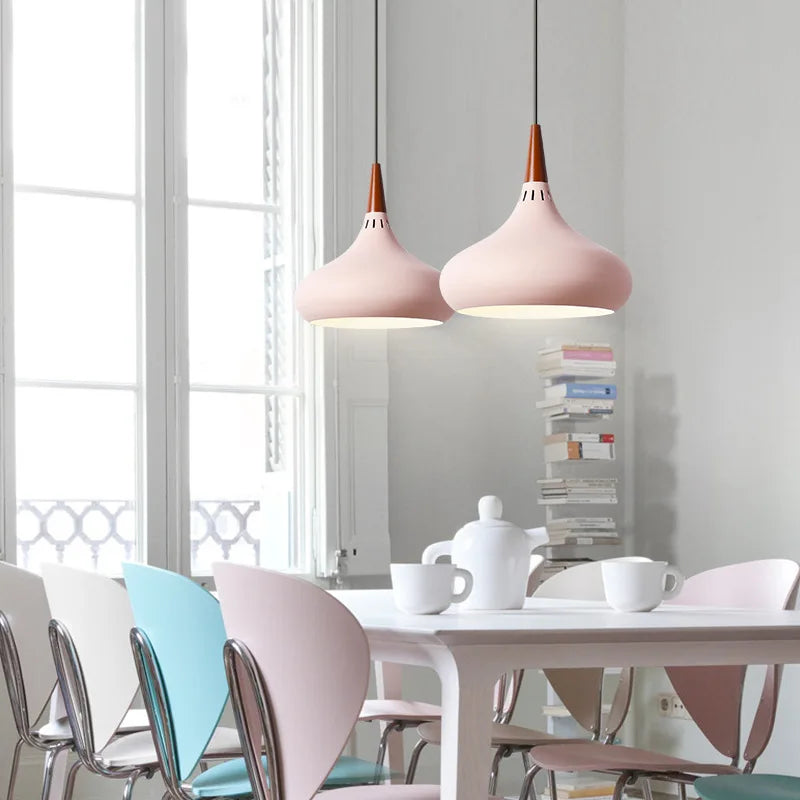 GEW Nordic Modern Funnel Pendant Light Wood Aluminum E27 Multi Color Hanging Lamp for Dining Kitchen Island Bedside