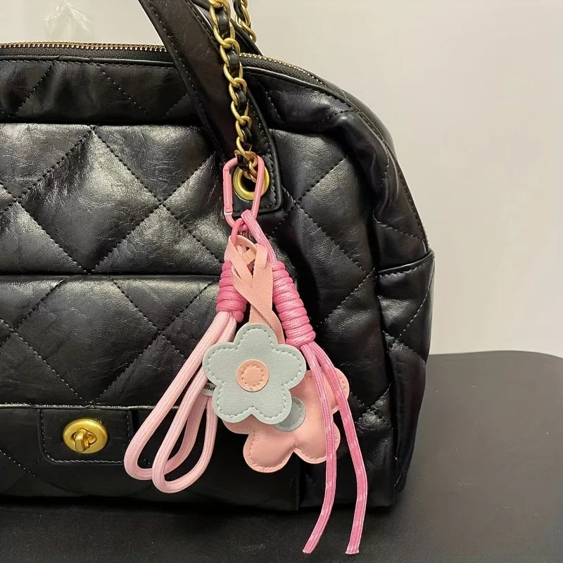 PU Leather Sunflower Keychain Cartoon Five Petal Flower Car Keyring Fashion Bag Pendant Contrasting Accessory