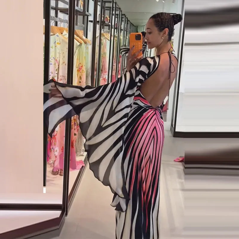 Printed Batwing Sleeve Halter Party Dress Women's Sexy Backless Full Sleeved Maxi Dresses 2026 Autumn Lady Evening Gown