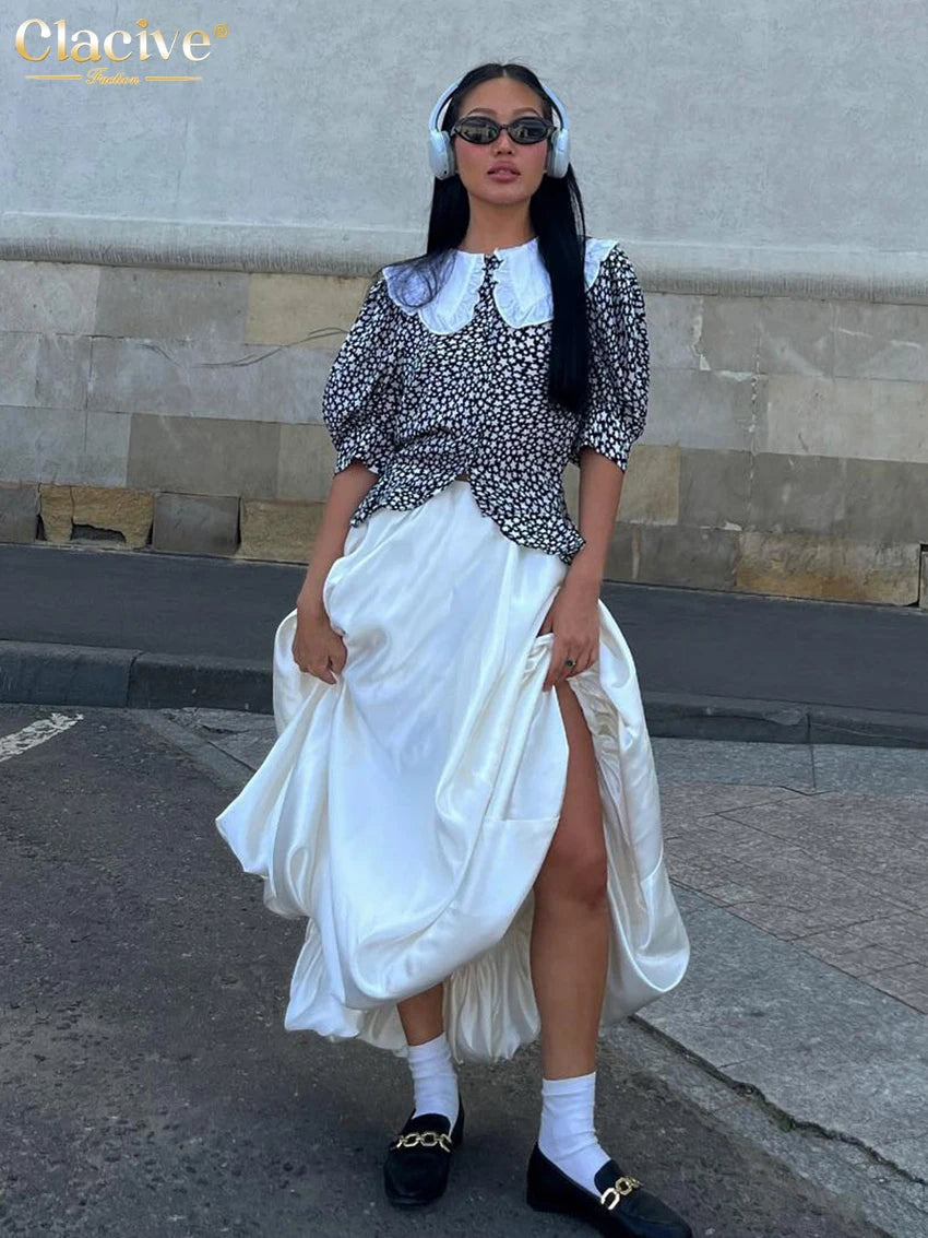 Clacive Fashion Beige Satin Skirts For Women Elegant High Waist Office Lady Ankle-Length Skirt Casual Loose Skirt Female Clothes