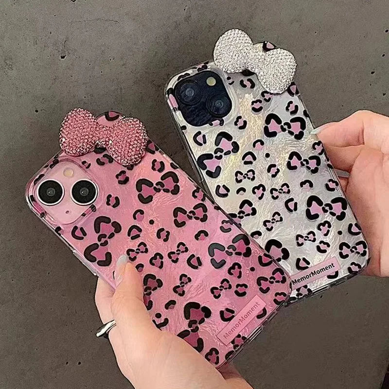 Colorful Leopard Blink Diamond Bowknot Lustre Lining Phone Case for iPhone 16 15 14 Plus 13 Mini 12 Pro Max 11 7 8 SE X XS XR