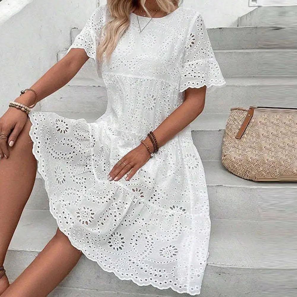 Summer Women Dress Hollow Out O Neck Short Sleeves A-line Pleated Solid Color Big Swing Embroidery Vacation Beach Midi Dress
