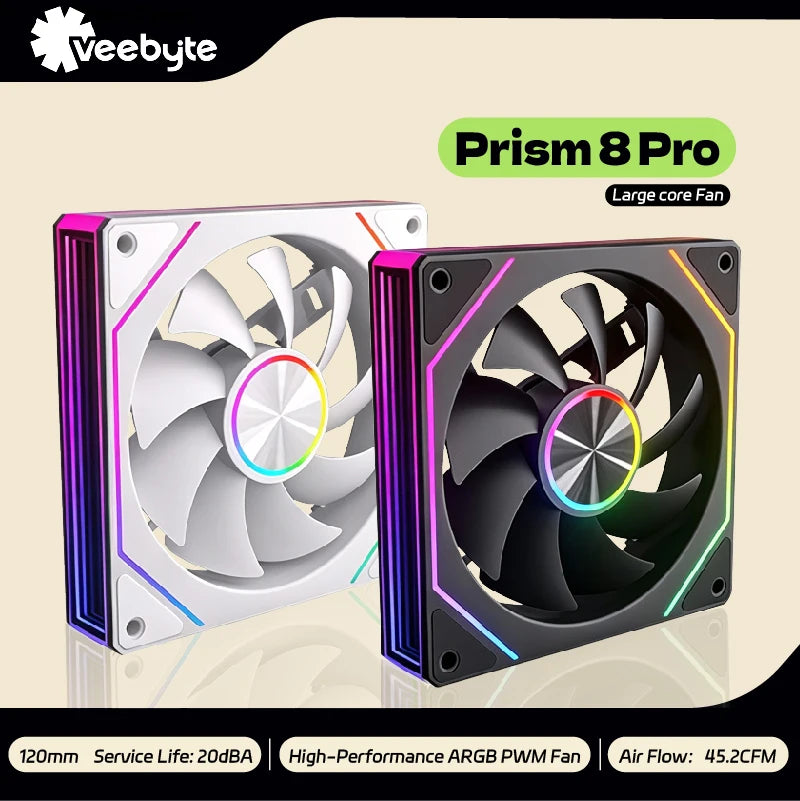 Veebyte PRISM 8 PRO PC Fan 120mm ARGB 4PIN 5V-3PIN PWM Quiet Cooling Fan 12V Large Air Volume Computer Fan 45.2CFM/800-1600RPM