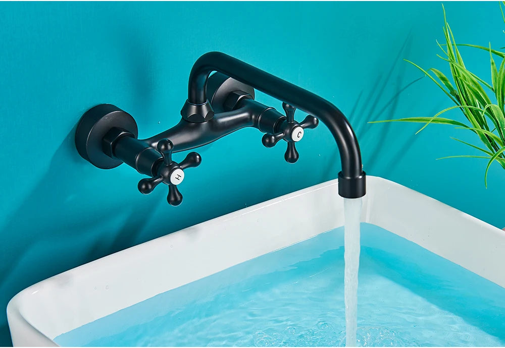Black Kitchen Faucet Hot And Cold Water MixerFaucets Wall Mounted Tap Vessel Sink Mixer Tap Swivel Spouts Basin Mixer Tap Crane