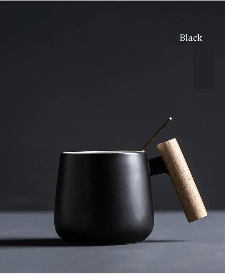 Nordic Style Black White Fat Body Coffee Mug with Wooden Handle and Spoon Modern Office Use Water Milk Drinks Ceramic Cups