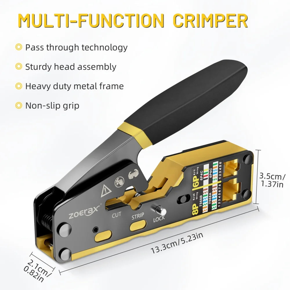 ZoeRax RJ45 Crimping Tool Pass Through Crimper for Cat6/5e/5 Ethernet Connector All-in-one Wire Tool With Replacement Blade