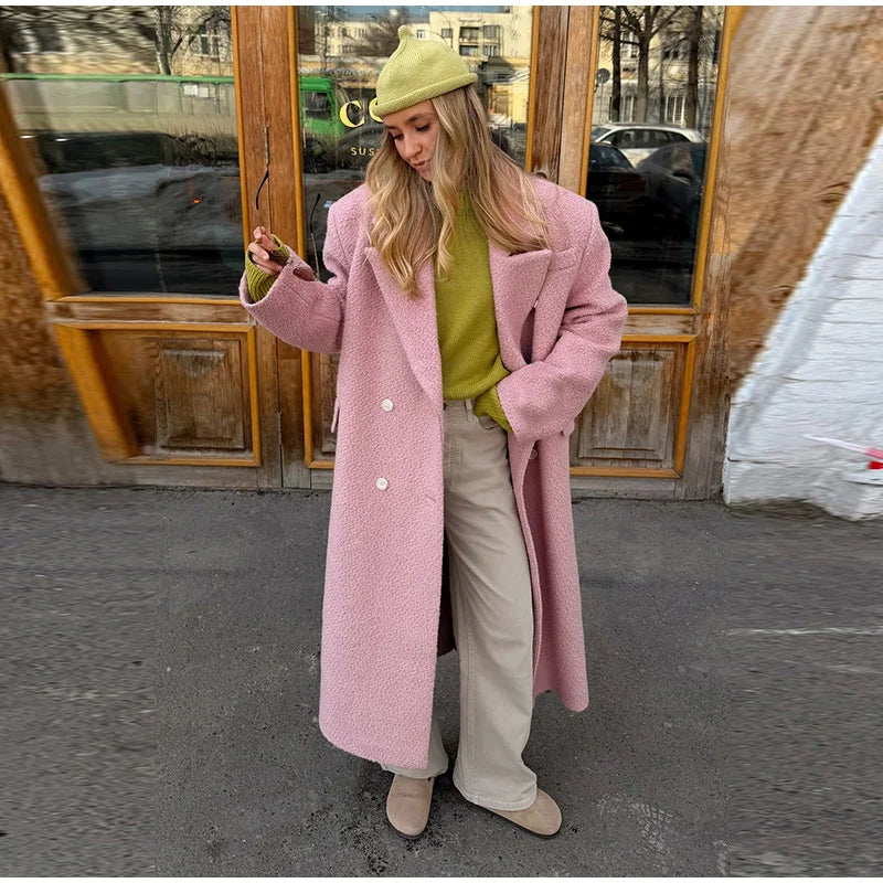 Elegant Women's Woolen Overcoat Solid Lapel Double Breasted Full Sleeve Long Coat 2026 Autumn Winter Fashion Lady Outwear