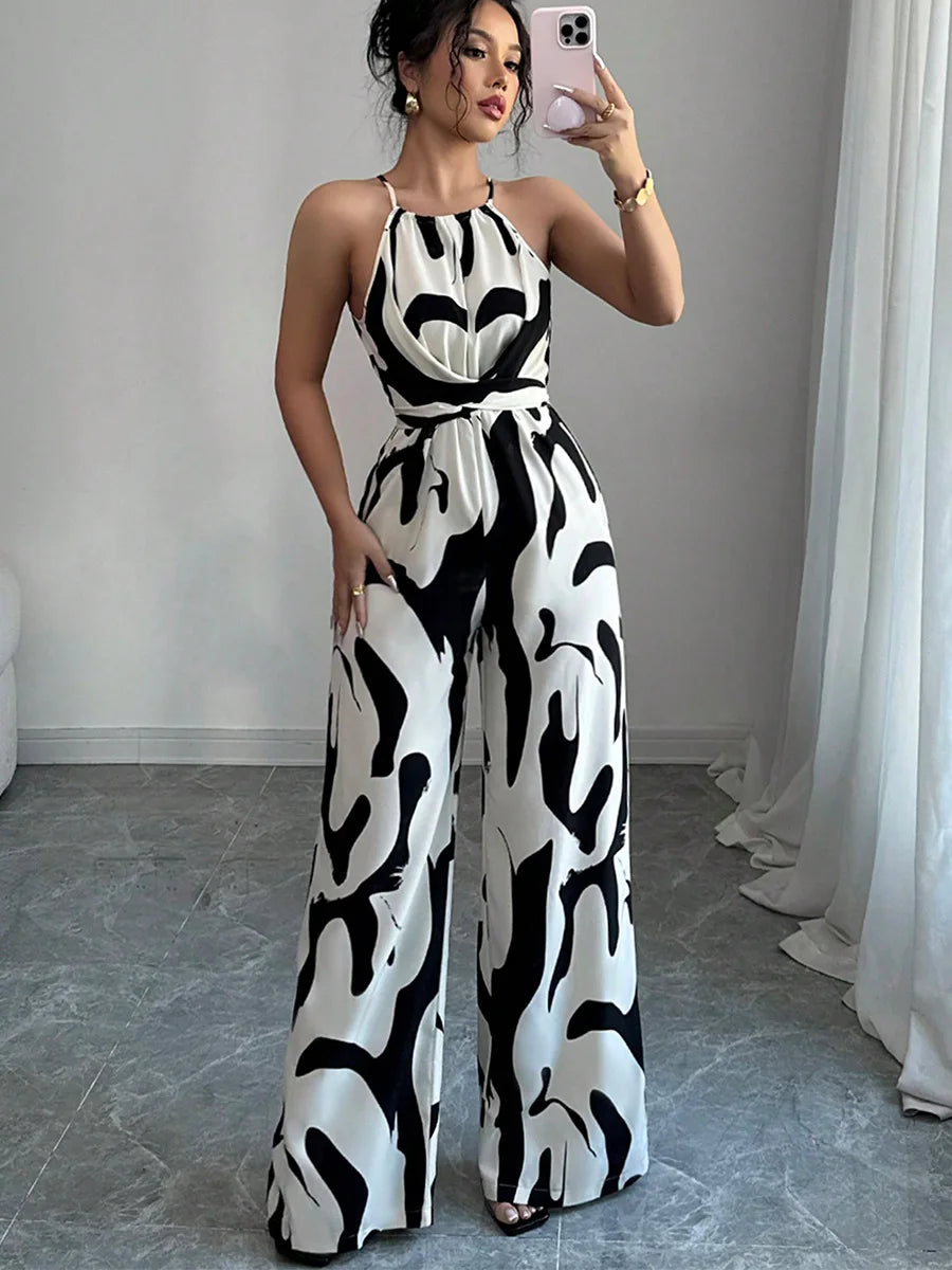 Women's Sexy Halter Neck Jumpsuits Casual Pants Rompers for Women Geometric Print Jumpsuit Party Outfits for Women Ropa Mujer