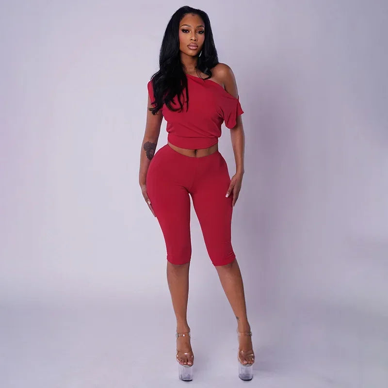 One Shoulder Solid 2 Piece Set Women Summer Short Sleeve Crop Top Shirt Pant Matching Sets Beach Vacation Outfit Streetwear Gift