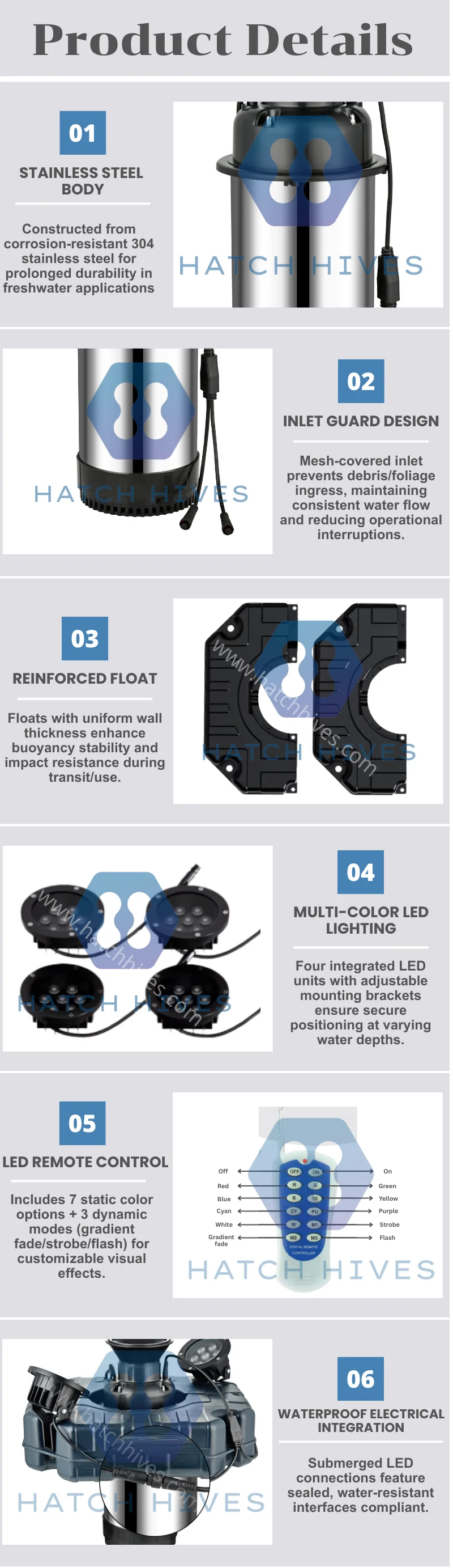 High Flow 750w 220v 50hz Stainless Steel Fish Pond Aerator with Thickened Floats Adjustable 2 LED Lights for Aqua/Landscape Pool