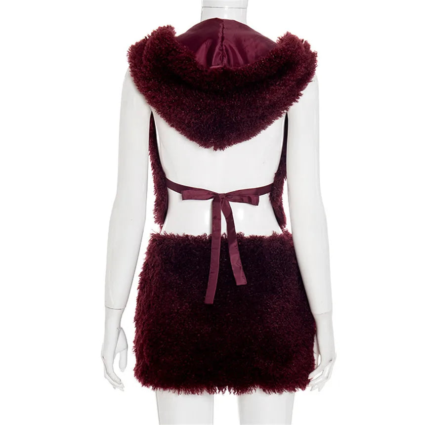 2026 Fall Winter Fashion Faux Fur 2 Piece Set Women Lace Up Backless Hooded Tank Tops + Bodycon Mini Skirts Casual Street Suits