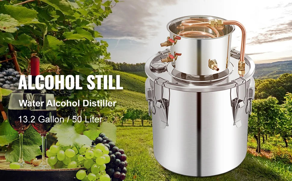 SucceBuy 50L Alcohol Still Stainless Steel Water Alcohol Distiller with Condenser 13.2Gal Wine Making Boiler with Copper Tube