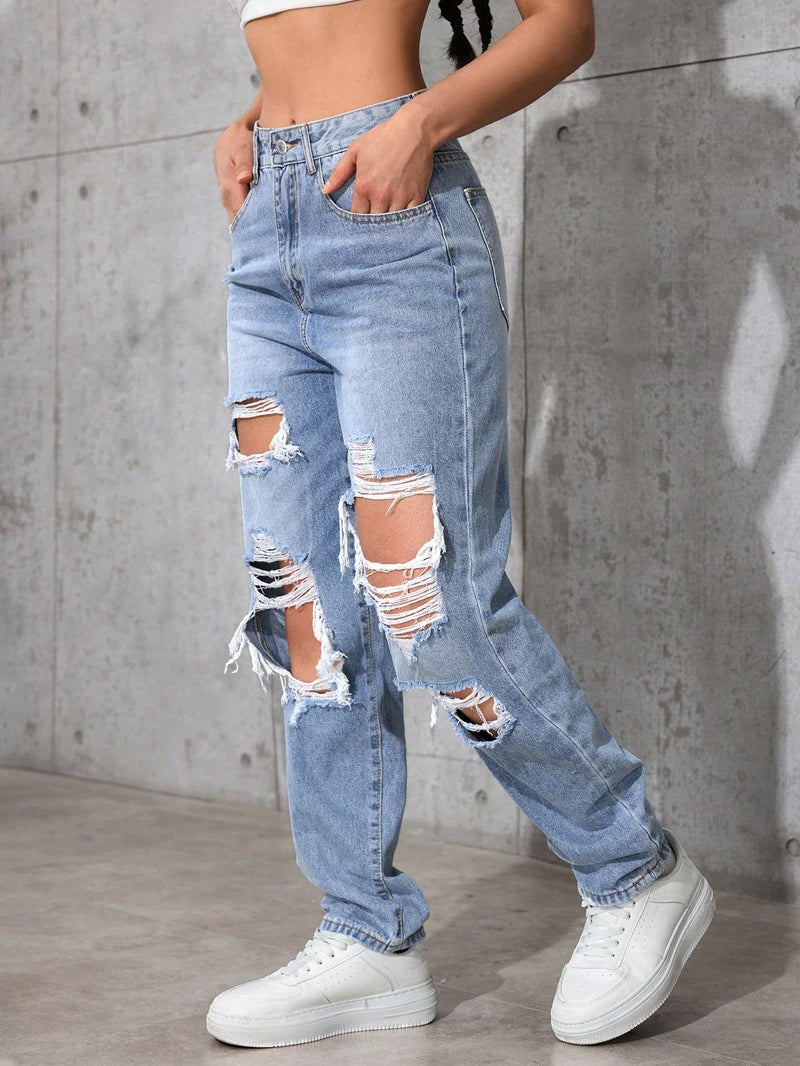 Women's Distressed Straight Leg Jeans Ripped Hole Denim Pants Casual Loose High Waist Street Style Trousers