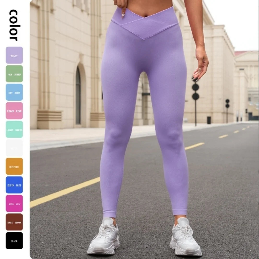 Seamless Knitted Solid Color Cross High Waist Peach Hip Yoga Pants, Fitness Breathable Yoga Nine Leg Pants