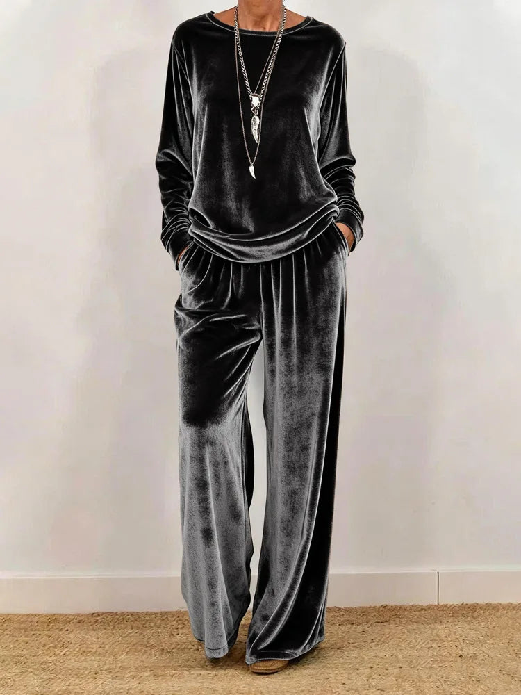2026 Women Spring Autumn Velvet Two Piece Suit Fashion Solid Color O-Neck Top+Wide Leg Pants Set Ladies Loose Comfortable Outfit