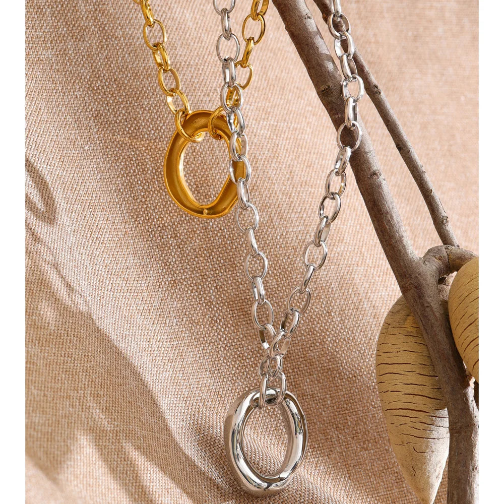 Yhpup Stainless Steel Metal Hollow Round Pendant Statement Necklace 16K Golden Platinum PVD Plated Daily Casual Collar Jewelry