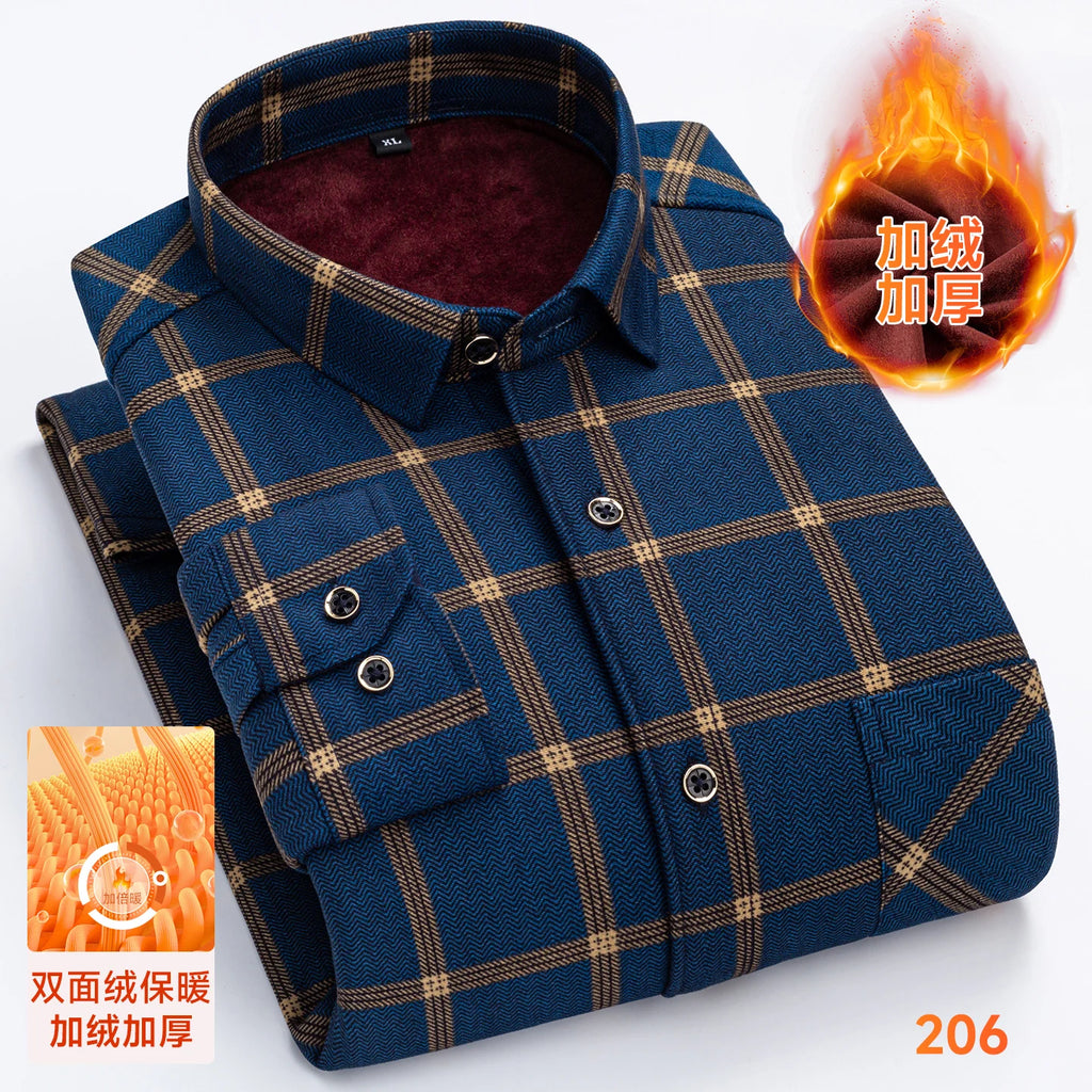 2025 Men's Autumn Winter Warm Long Sleeve Casual Plaid Shirts Thickern Fleece Check Shirts for Men Plus Size Male Office Clothes