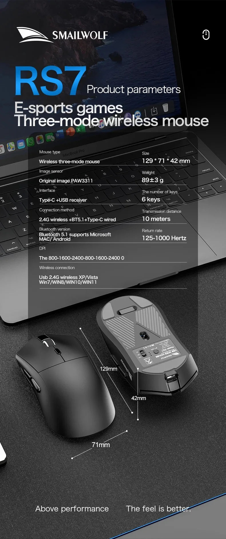 SmailWolf RS7 Tri-Mode Wireless Gaming Mouse Original PAW3311 BT5.1 2.4G Type-C Wired 6 Keys 125-1000Hz Polling Rate 89±3g