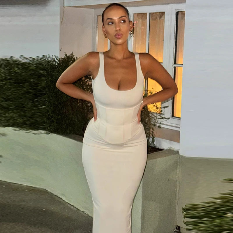 Chic Lace-up Waist Cinching Bodycon Dress Women's Solid Square Collar Backless Spaghetti Strap Long Dresses 2026 New Party Gowns