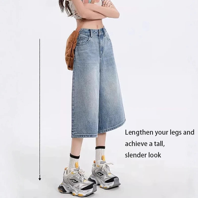 Women's Retro Casual Jeans  Summer New Wide-Leg Pants  High-Waisted Plus-Size Pear-Shaped Body-Camouflaging Straight Leg Pants
