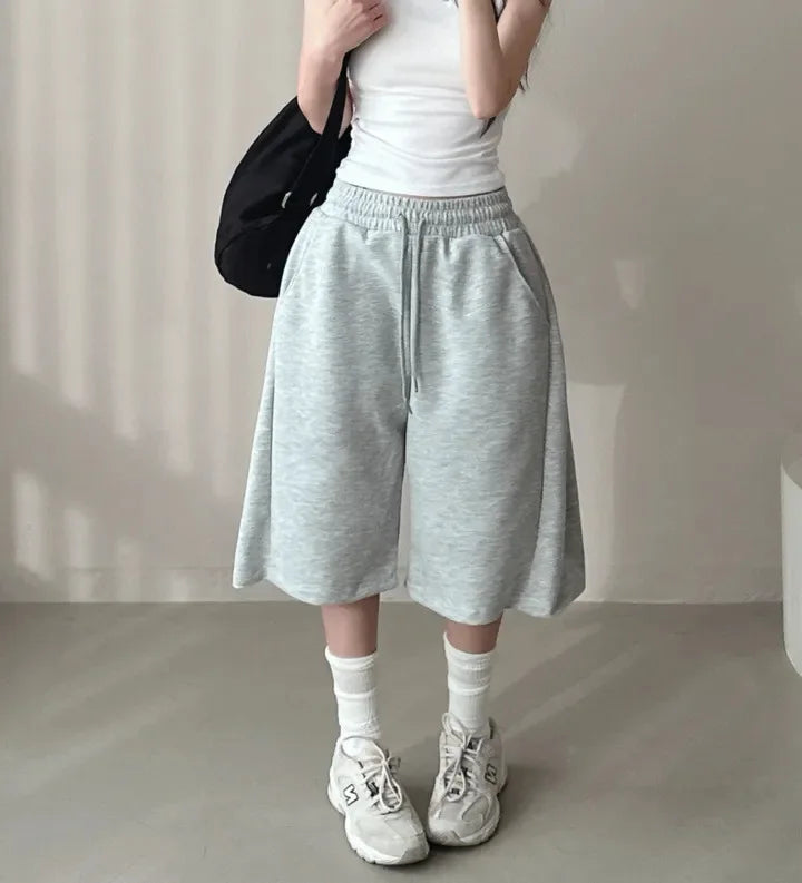 Summer Drawstring Wide Leg Shorts Women Fitness Running Loose Casual Large Sports Shorts Sweat Short High Elastic Lace Up Pants