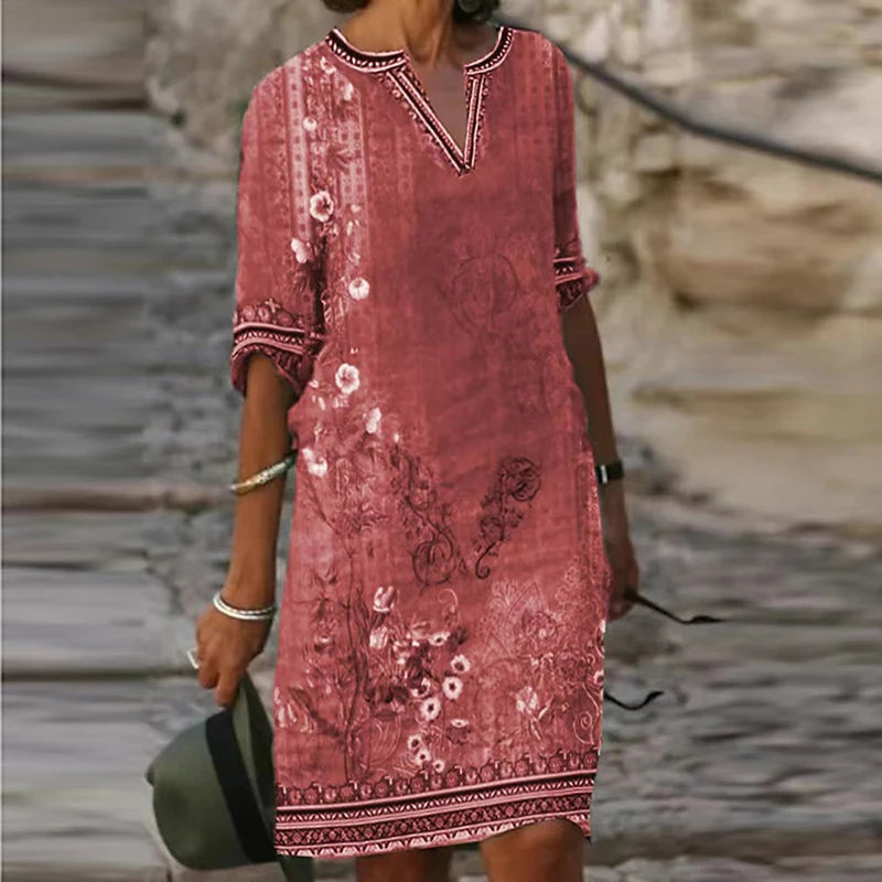 Fashion Retro Printing Women Dress Sexy V-Neck Short Sleeve Loose Beach Homewear Dress Summer Casual Comfy Female Model Dress