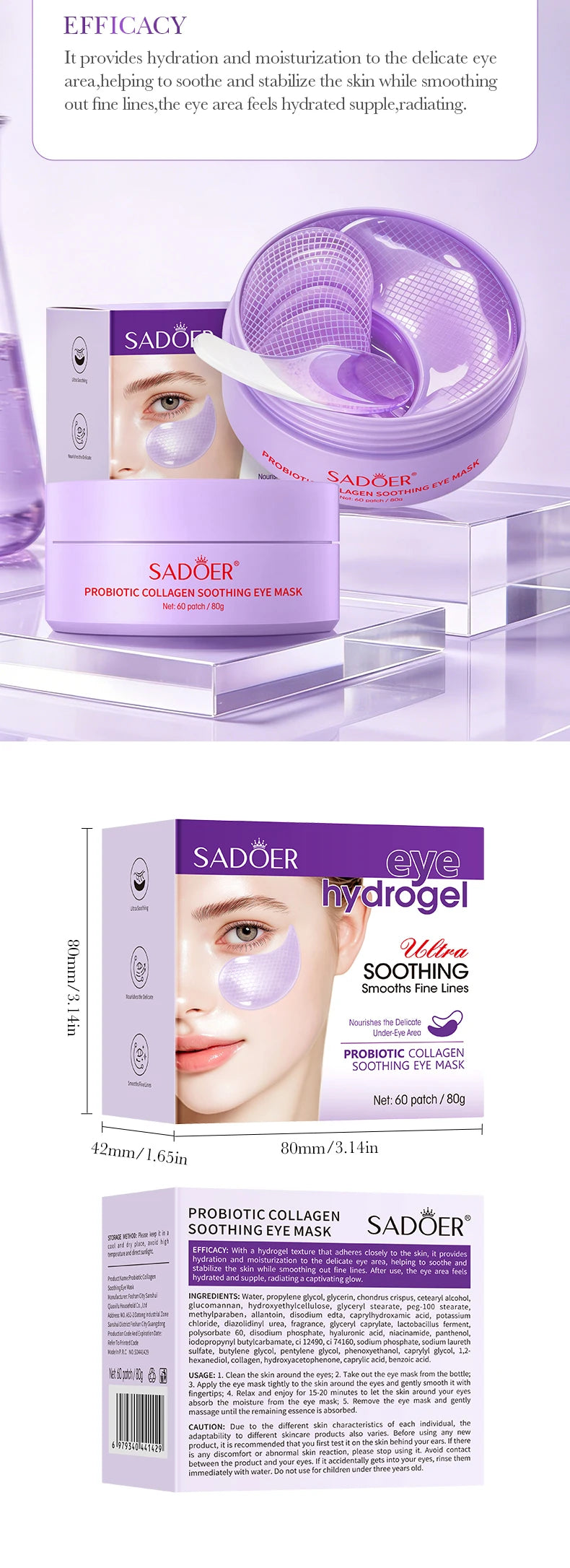 60pcs SADOER Probiotic Collagen Eye Mask Anti-aging Hydration Nourish Eye Skin Anti Dark Circles Smooth Fine Lines Eye Care