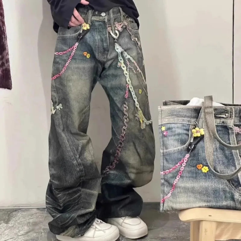 Summer American Retro Low Waist Wide Leg Women's Jeans Loose Drapey Tall Extended Length Hot Girls Korean Fashion Y2k Style Pant