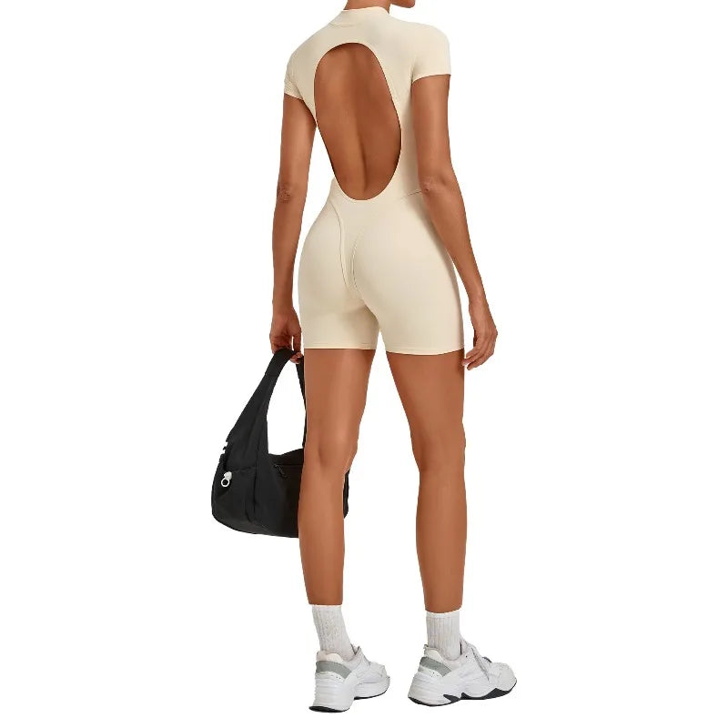 Women's Seamless Yoga Jumpsuits Sports Fitness Hip-lifting Short-sleeved Backless Training Workout Gym Shorts One-piece
