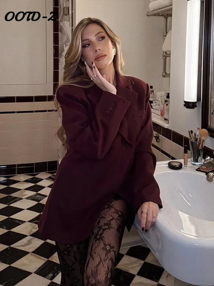 Fashion Wine Red Women Blazer Set Casual Long Sleeve Single Breasted Lapel Female Suit 2025 Spring Streetwear Lady Suits