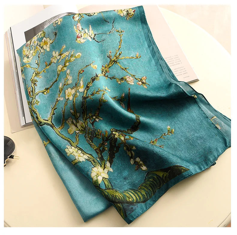 Birdtree, 9MM 100%Real Silk Scarf Shawl, Thin Plum Bossom Summer Beach Shawls Scarfs, Fall Winter Neck Head P36714QM