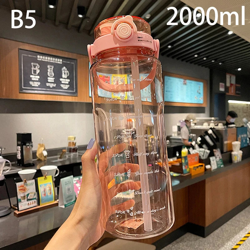 1.5/2Liter Sport Straw Water Bottle With Time Scale Plastic Summer Cold Juice Water Cup Large Capacity Portable Travel Bottles