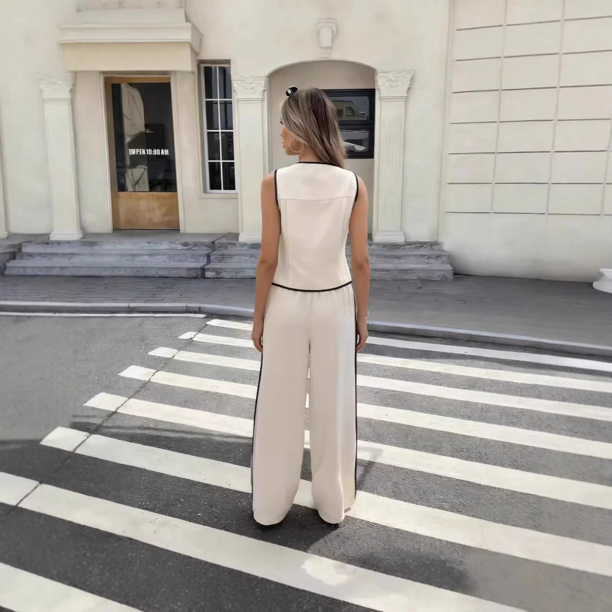 Summer 2026 Women's Color Block Sleeveless Single Button Vest And Drawstring Pants Set Fashionable Casual Outfit Polyester
