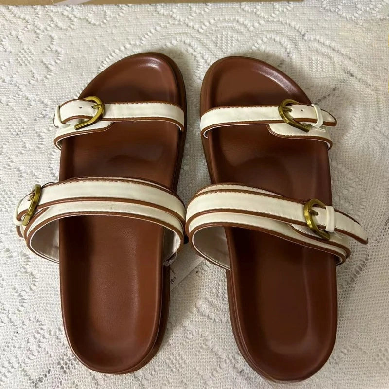 Double Buckle Sandals Women Comfortable Flat Slippers Casual Summer Beach Shoes Non-slip Slip On Slides Chunky Footbed