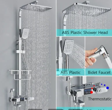 Chrome/Black Thermostat Shower Set Faucet 4 Ways Bathroom Faucet Rainfall Mixer Tap Digital Display Shower Set System Bathroom
