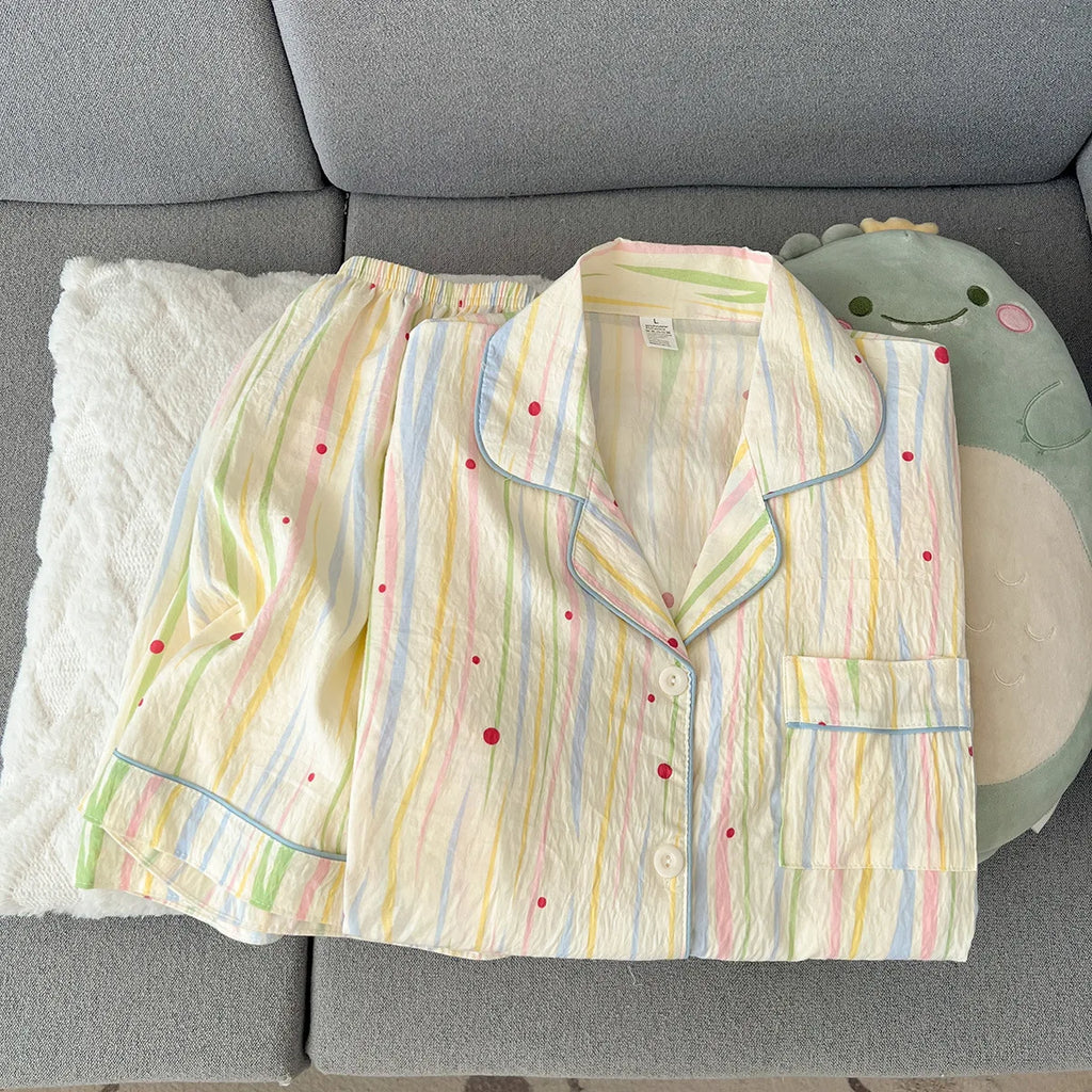 Summer 2026 New Short-Sleeved Shorts Pajamas Women's Cartoon Cute Girl Cardigan Set Ladies Sleepwear Breathable Homewear