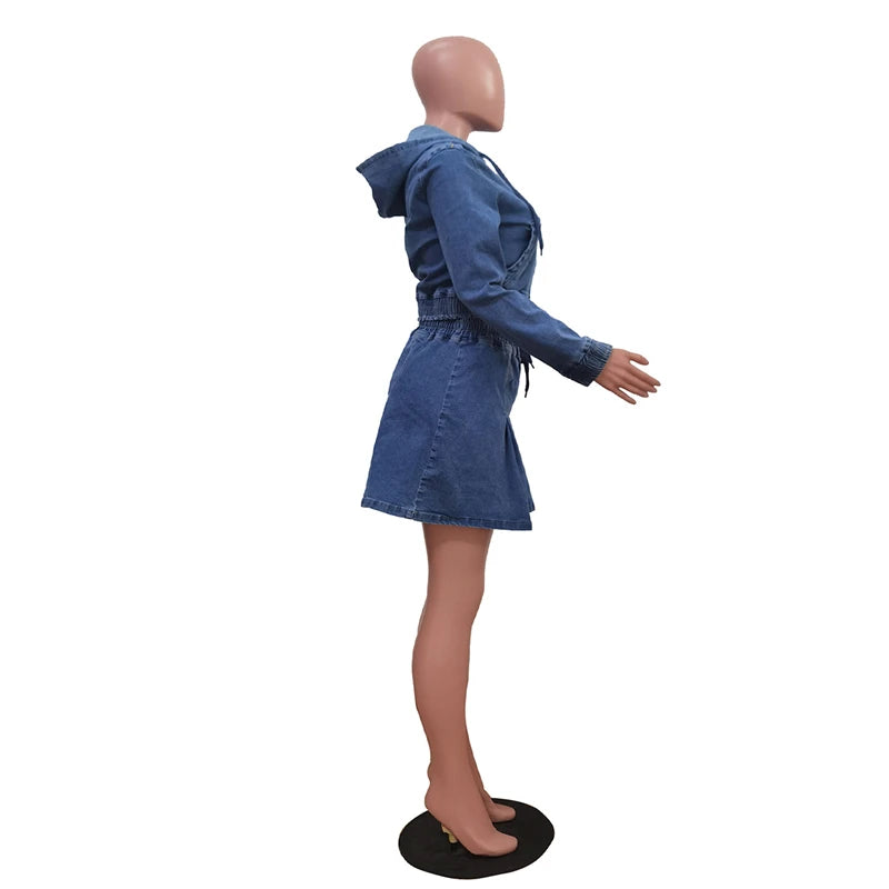 Streetwear Denim 2 Piece Sets Women Outfit Spring Clothing Women Full Sleeve Hooded Crop Top Pleated Skirt Sets Jean Dress Sets