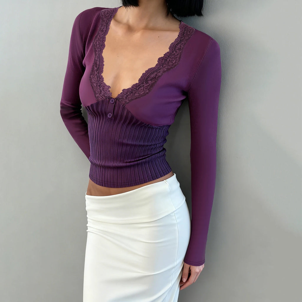 SUCHCUTE Purple Elegant Lace Patchwork V-Neck Slim Knit Top Women Casual Long Sleeves Tees Fashion Sexy Clothing Spring Outfits