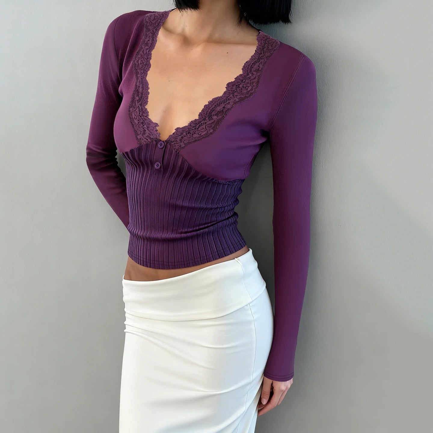 SUCHCUTE Purple Elegant Lace Patchwork V-Neck Slim Knit Top Women Casual Long Sleeves Tees Fashion Sexy Clothing Spring Outfits