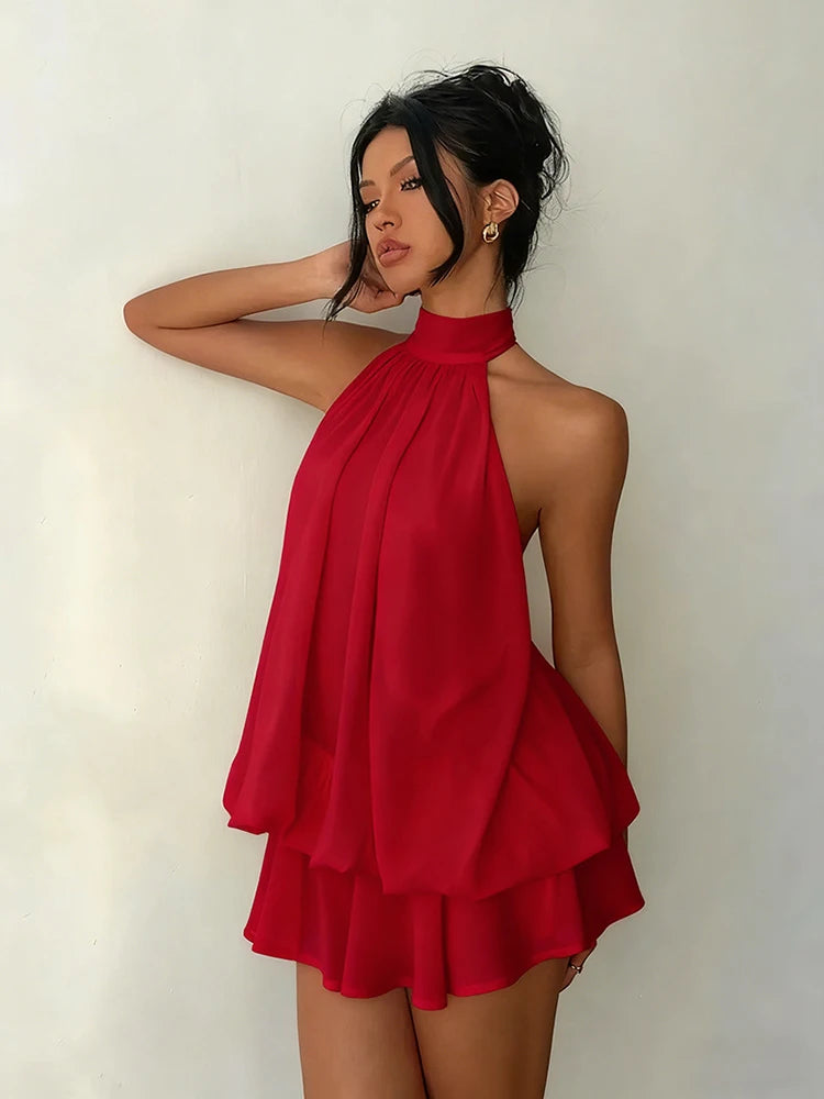 Women Halter Neck Backless Tie Mini Dress Summer Sleeveless Chiffon Ruffle Short Dresses Sexy Club Party Beach Vacation Outfit