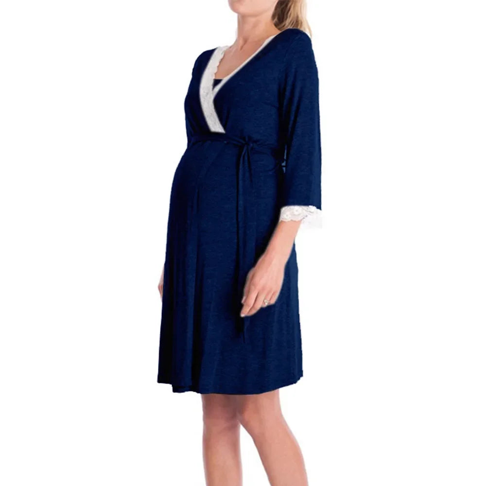 Fashion Lace Three-quarter Sleeve Maternity Nightdress Loose Bathrobe Pregnant Women Nightgown