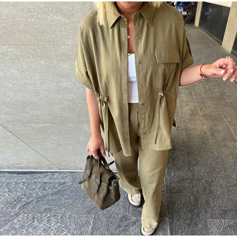 Casual Drawstring Shirt Pants Set Women Lapel Button Short Sleeve Pocket Loose Top Wide Leg Pants 2025 Chic Summer Women's Suit