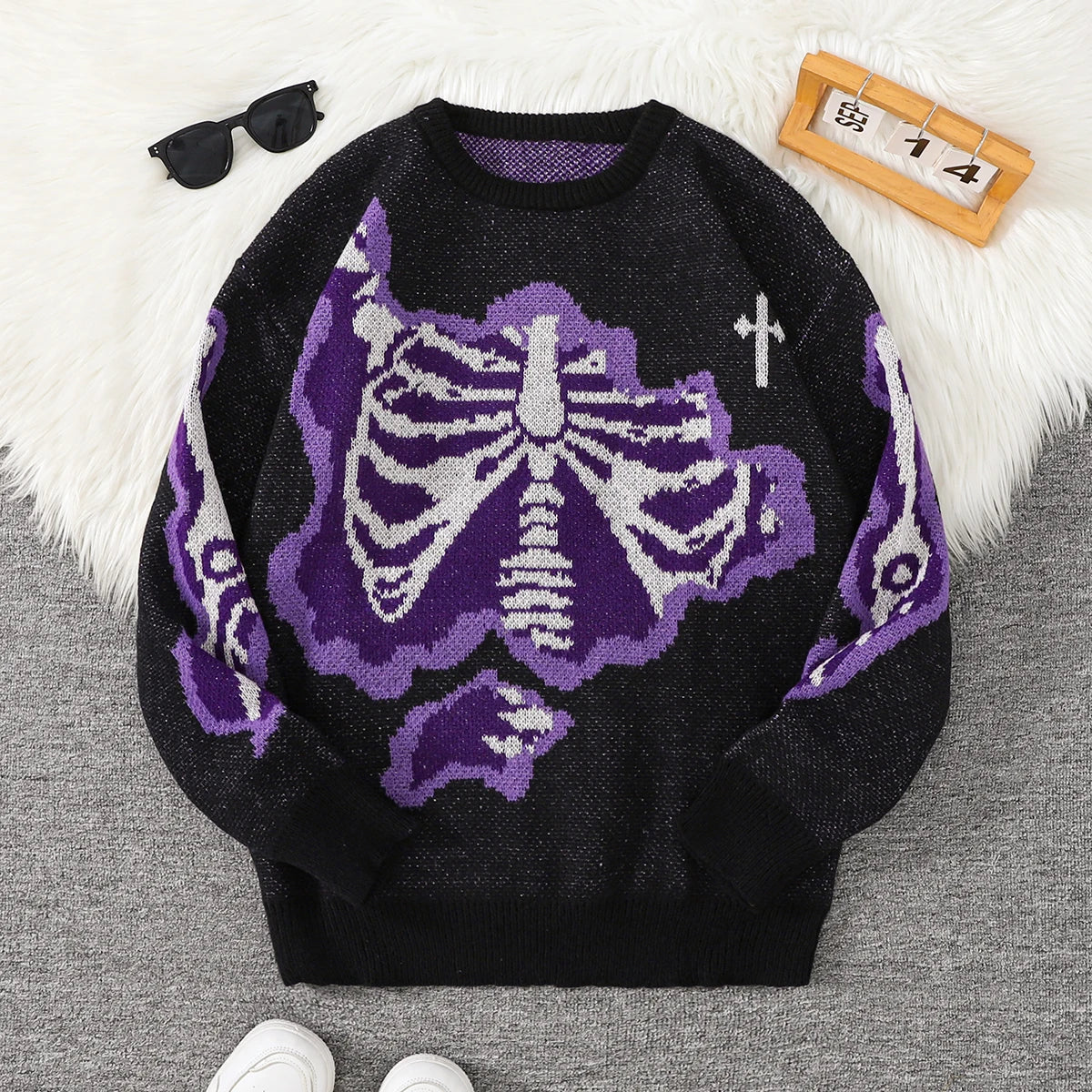 New Popular Spring and Autumn Bone-Shaped Butterfly Jacquard Pattern Pullover Sweater Casual Round Neck Contrast Color Knitted m